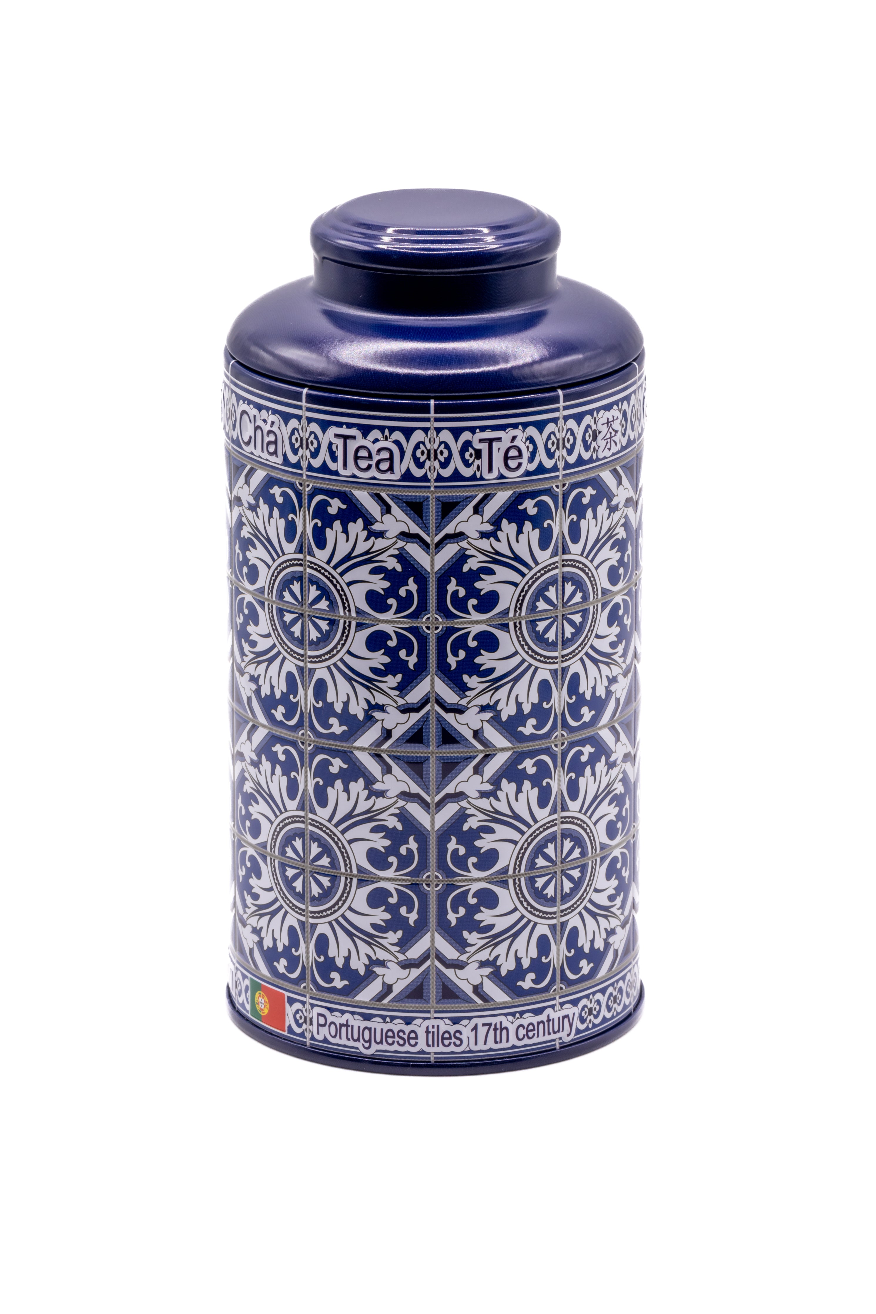 Lata azul da Tisana Sabor de Portugal com padrão de azulejo